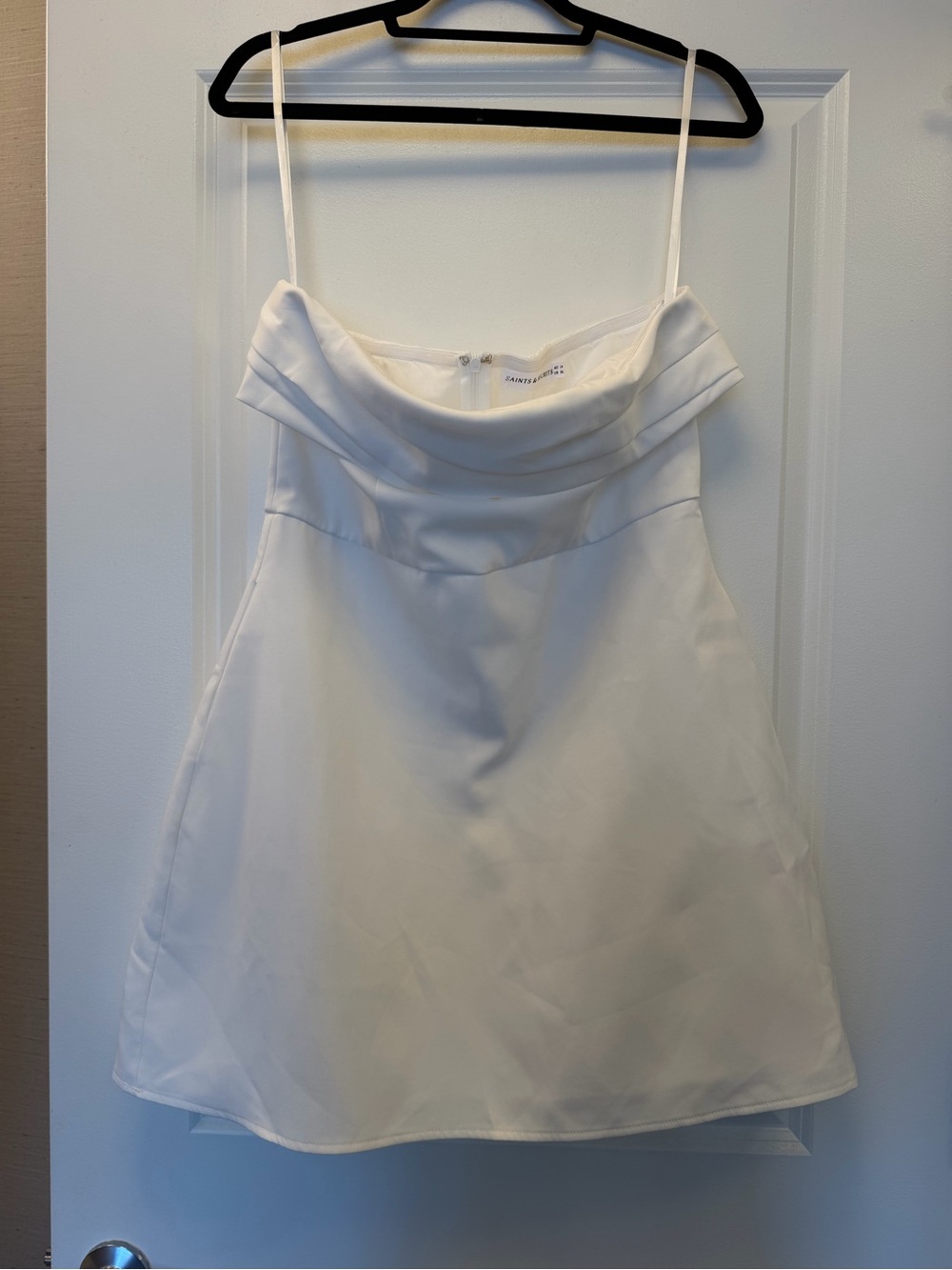 White Spaghetti Strap Cowl Neck Mini Dress